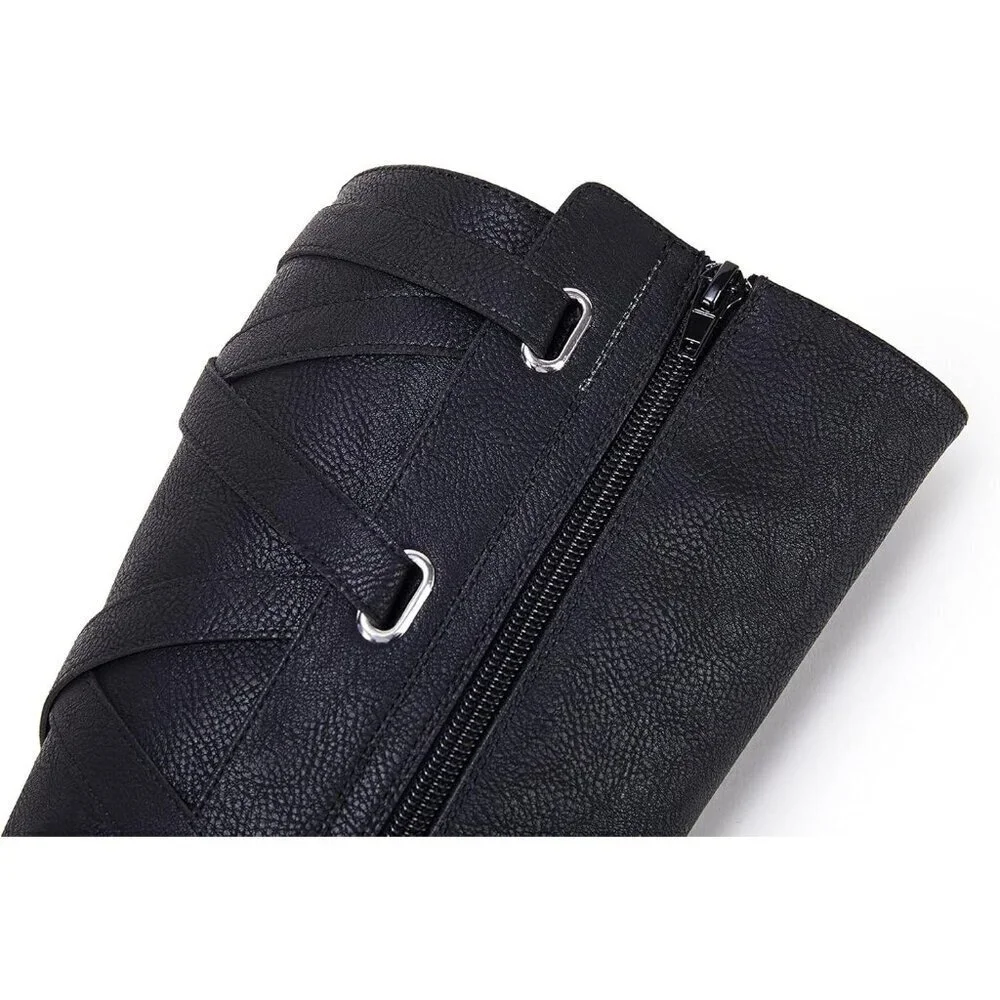 🆕Women Faux Leather Black Strappy Motorcycle Knee High Riding Flat Lace Up Boot